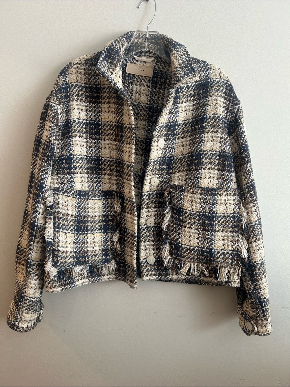 BLANK NYC Blue Plaid Tweed 
Button Front Fringe pockets Jacket